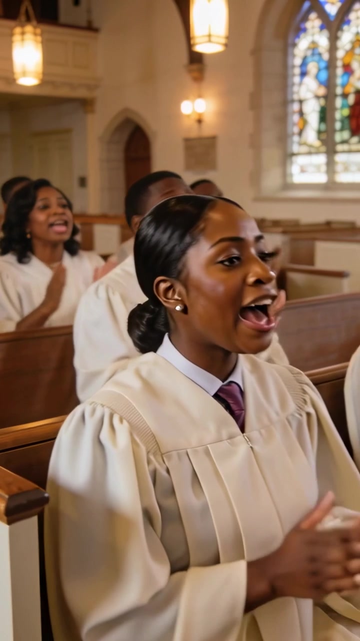 Vertical video: Singing choirwoman prompted by hymn start in white robe clapping, praying in church