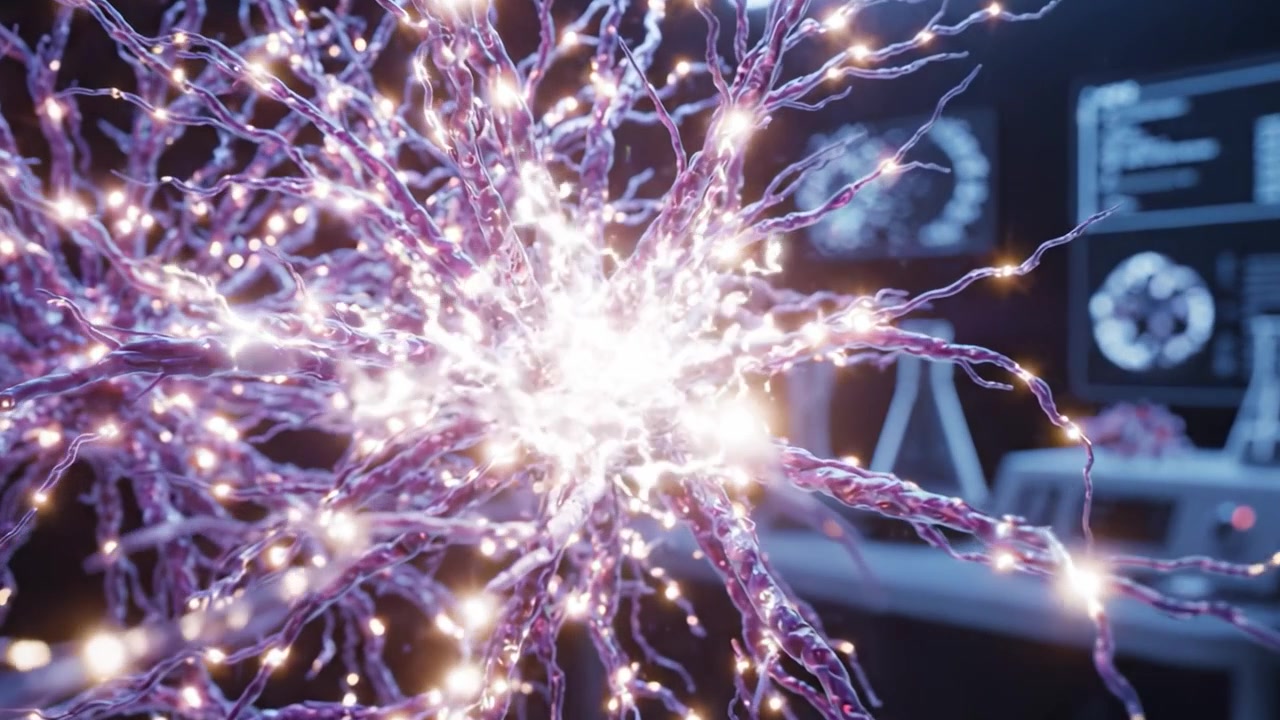 A Close-Up View of a Complex Neuron Structure Illuminated by Striking Lights, Illustrating the Intricacies of Neural Pathways and Brain Functionality