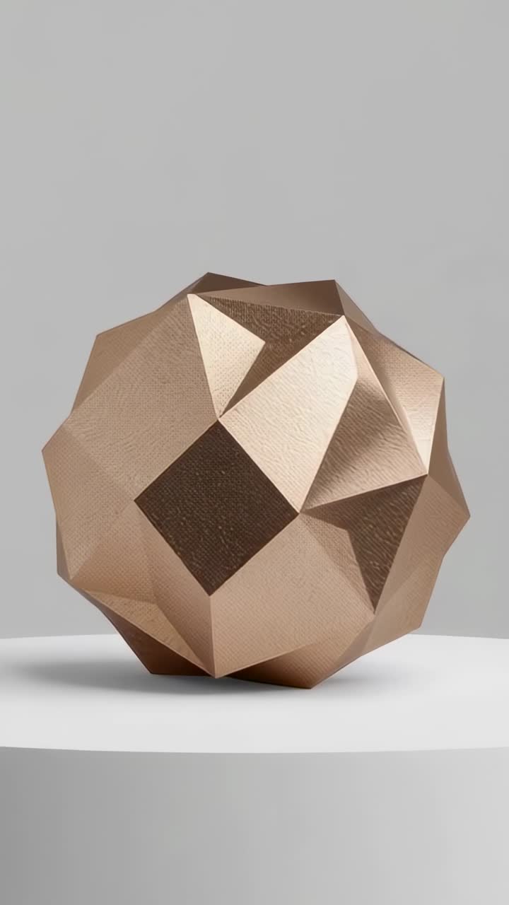 Vertikal video: Roterende, rosaguld-facetteret skulptur begynder at dreje på piedestal og viser geometri