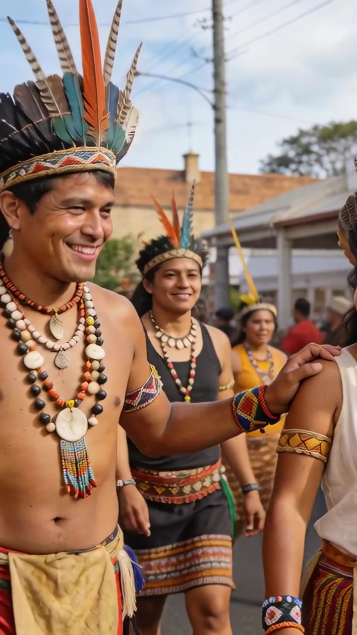 Vídeo vertical: Iniciando desfile, homem sem camisa colocando a mão no ombro de um colega, rua, penas.
