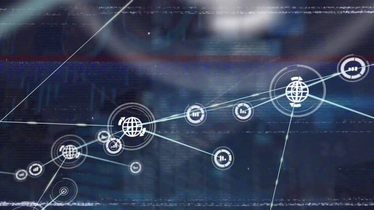 Animation of network of digital icons and statistical data processing against blue background