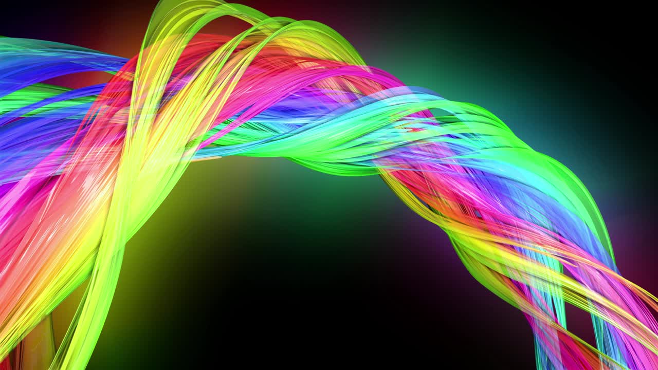 검은색 배경에 네온 빛을 가진 투명한 색상의 선. 모션 그래픽 3d 루프 배경과 다채로운 다채로운 무지개 리본. 모션 디자인 스타일의 아름다운 원활한 배경.