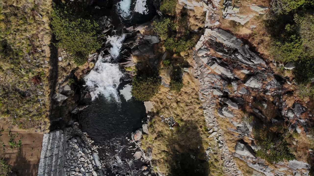 antena: toma cenital de un río y un camino en las montañas