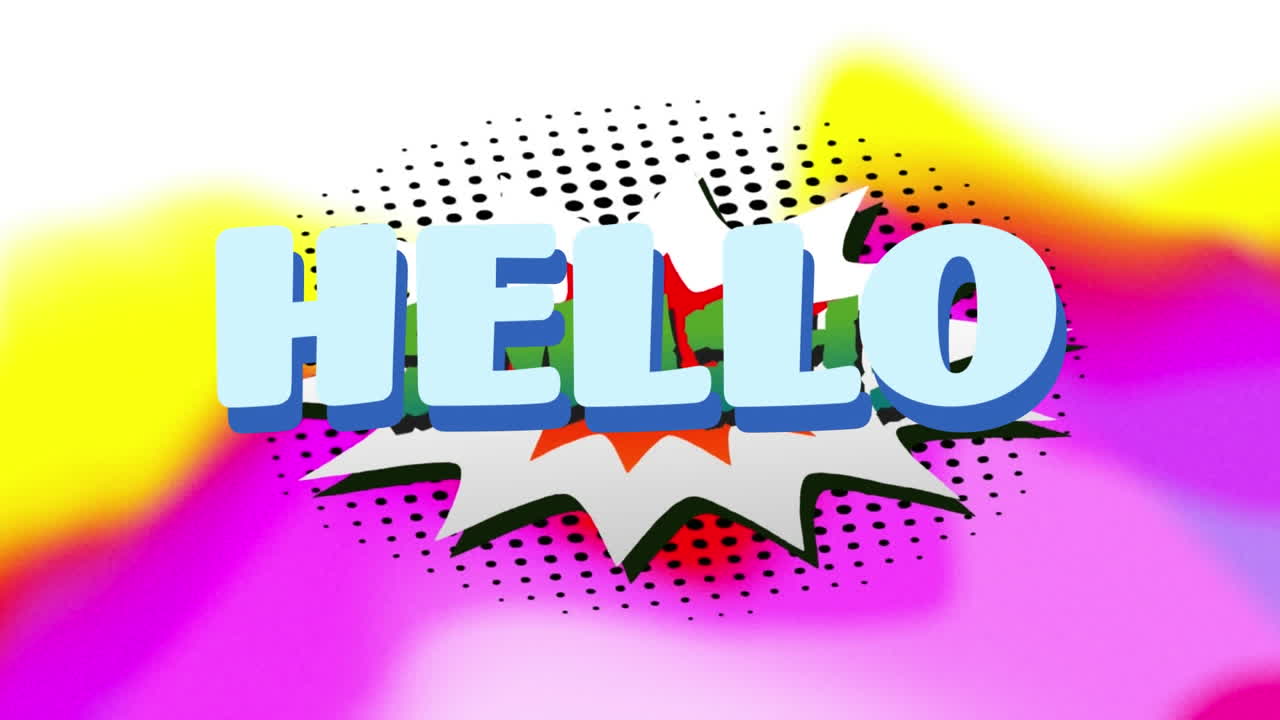 animación de texto de saludo sobre una burbuja de habla retro contra fondos cambiantes.