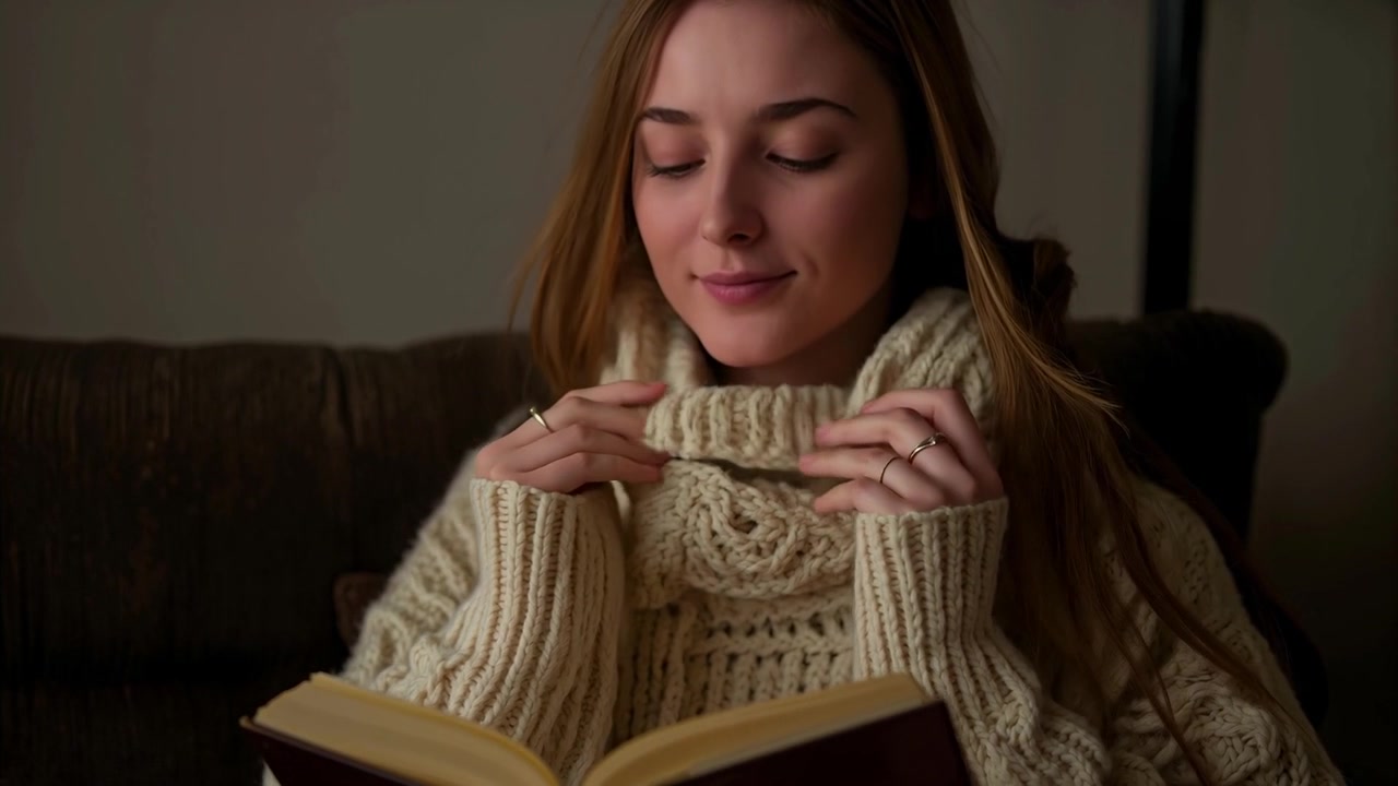 Una donna che tiene un colletto voluminoso color crema, si sistema il maglione e legge un libro con copertina rigida sul divano, indossando degli anelli.