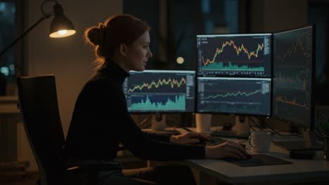 Focused trader analyzing market trends and data on multiple monitors during nighttime, illuminating the workspace with technology and precision for financial success
