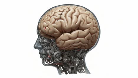 a detailed visualization of the human brain showing intricate mechanical components and the unique interconnection between biology and technology