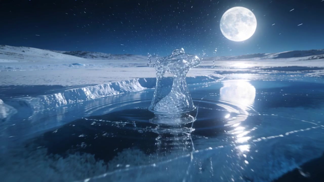 Impact striking pool, water column rising and forming crown on cracked blue ice under full moon