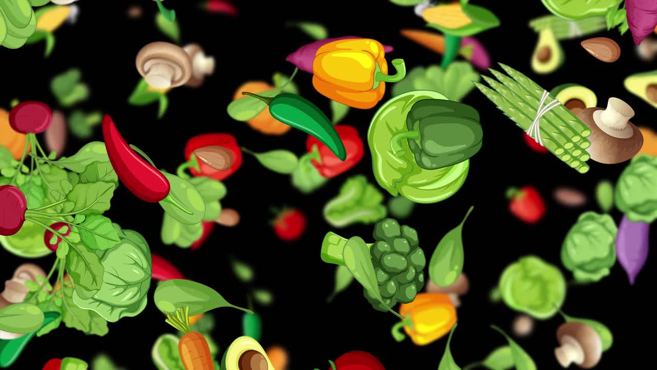 어두운 배경 에 비해 활기찬 채소 가 폭포 로 아져 나옵니다.