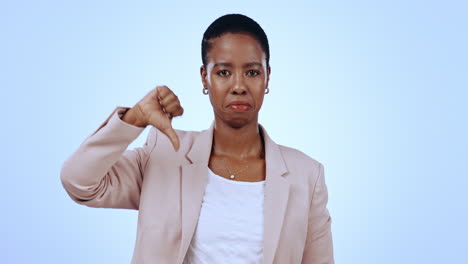 thumbs down, business woman and face with opinion