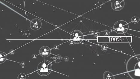 animación de la barra de porcentaje de carga sobre la red de conexiones e iconos de perfil sobre fondo gris