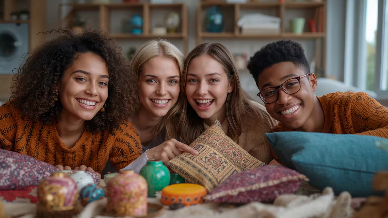 Camera starting, four friends in orange knits leaning on couch, pointing to show patterned cushion