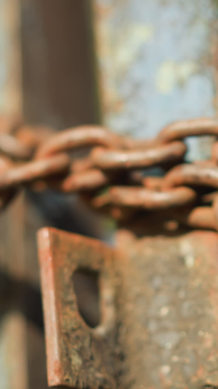 농장 문의 녹슨 체인, 풍화된 경첩에 감긴 부식된 철제 고리의 클로즈업 디테일, 따뜻한 햇빛과 부드러운 보케, 험한 녹청과 거친 텍스처, 관리인의 손길, 향수를 불러일으킴