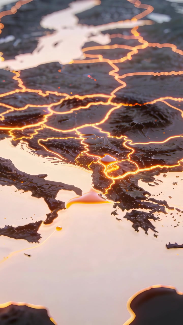 Vertical video: Pulsing molten pool igniting, illuminated network sending energy across coast