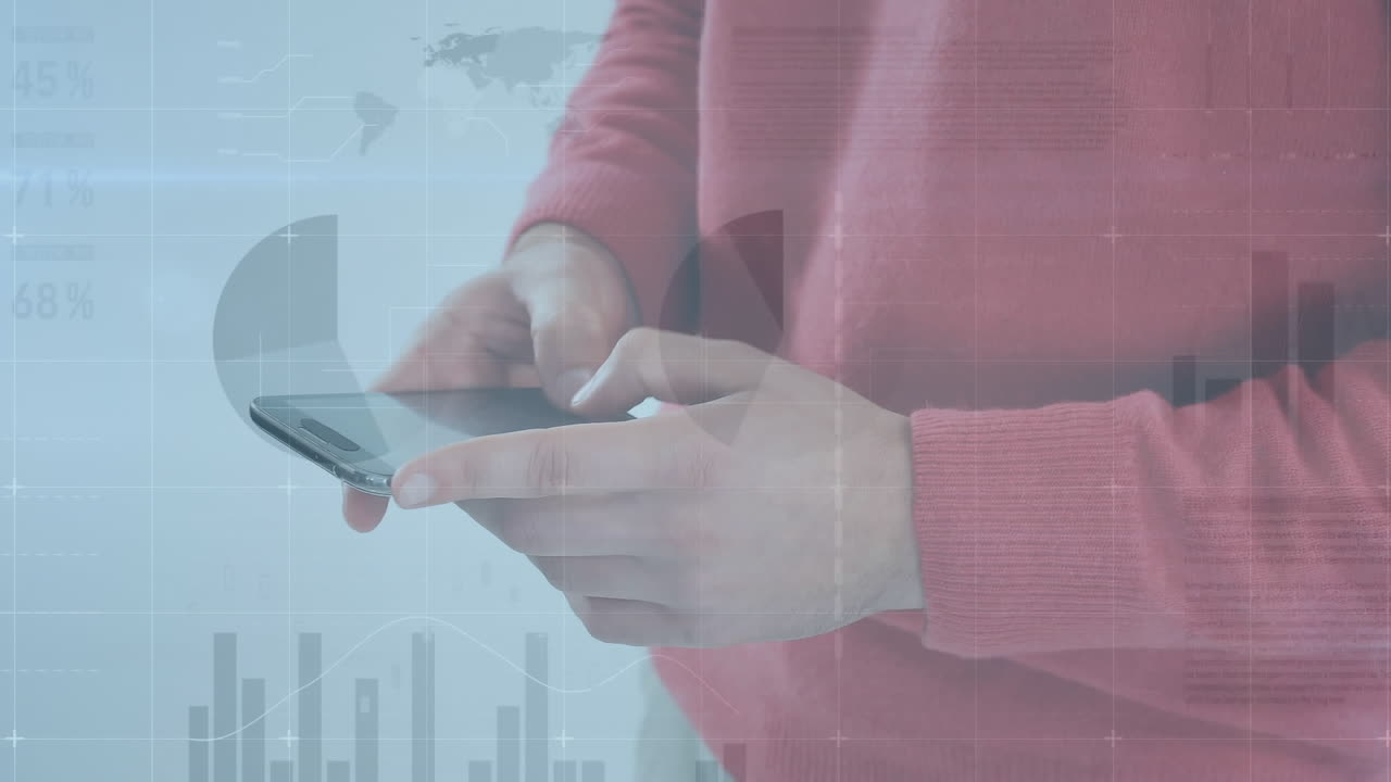 animación de la interfaz infográfica sobre la sección media del hombre caucásico usando el teléfono móvil