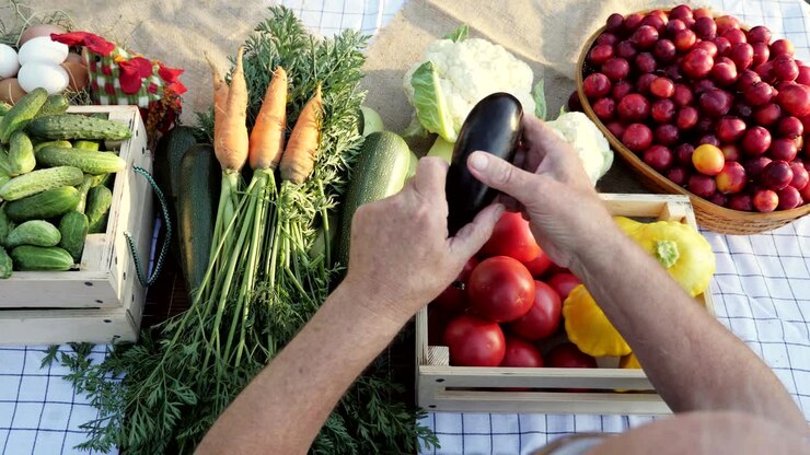 Top view of a table with fresh vegetables