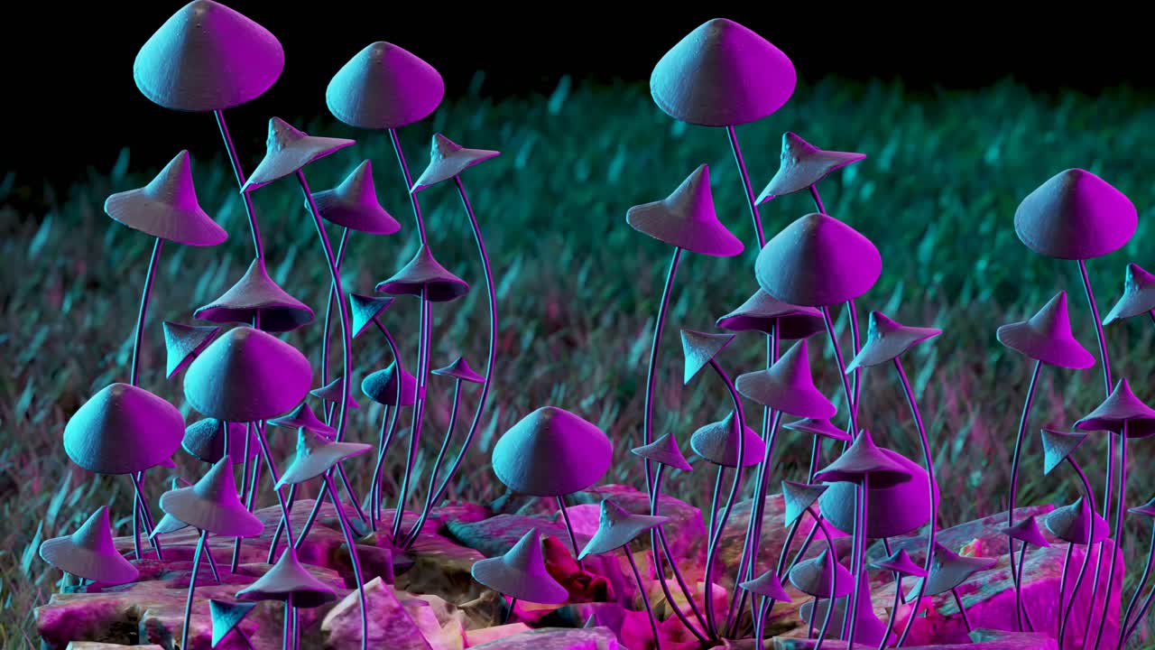 close-up 3d render vista de hongos alucinógenos púrpura