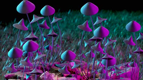 close-up 3d render view of purple hallucinogenic mushrooms