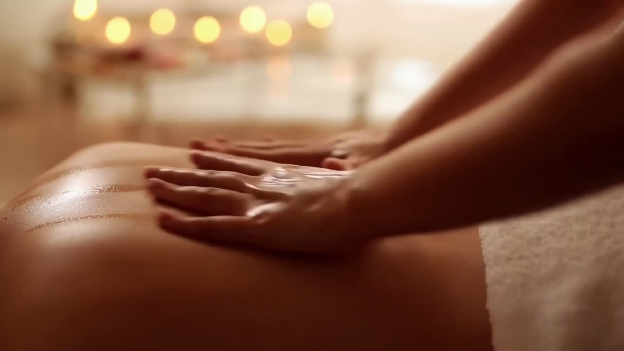 Afslappende massagevideo med nærbillede, der viser beroligende hænder på en ryg.