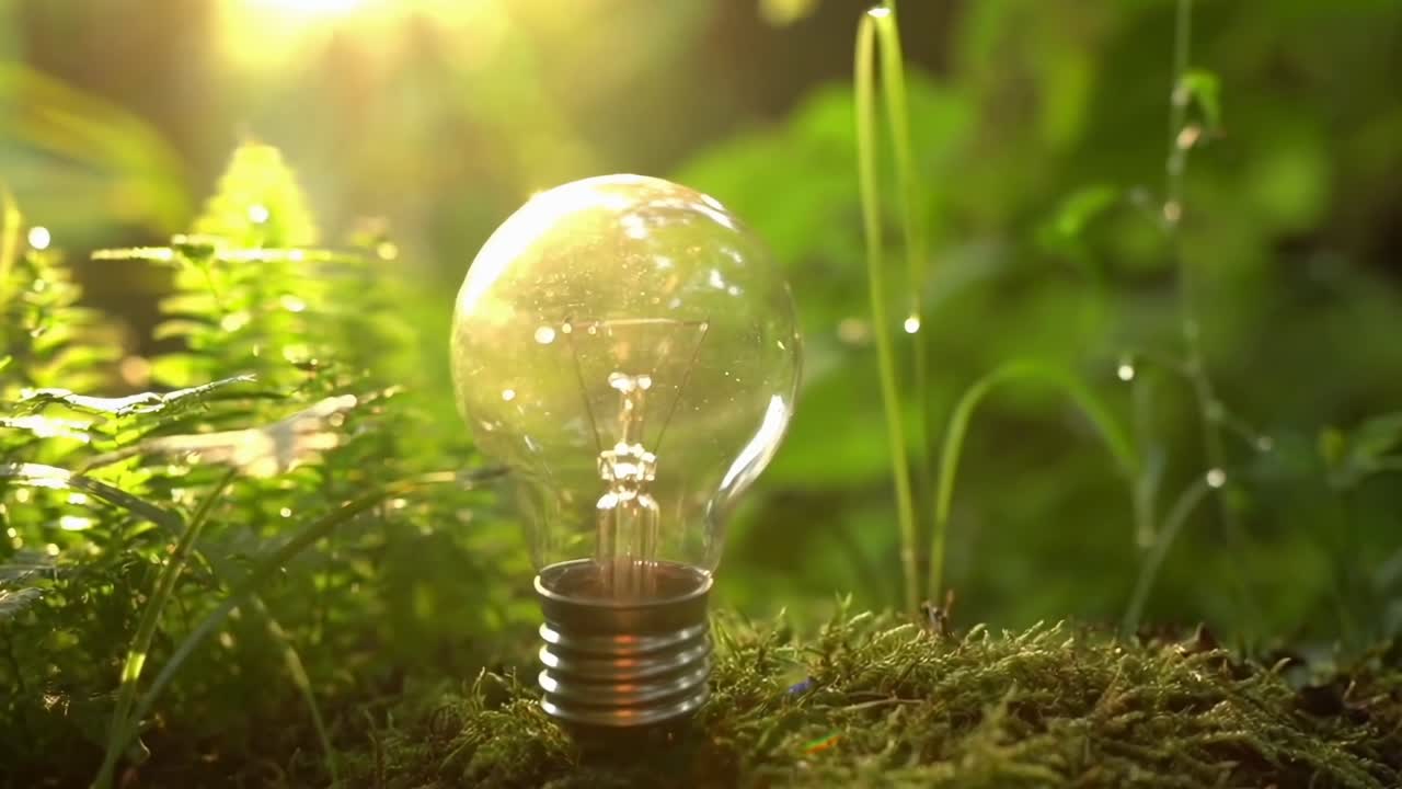 Video ravvicinato di una lampadina sul muschio, immersa nella luce del sole, che cattura un'atmosfera serena ed ecologica.