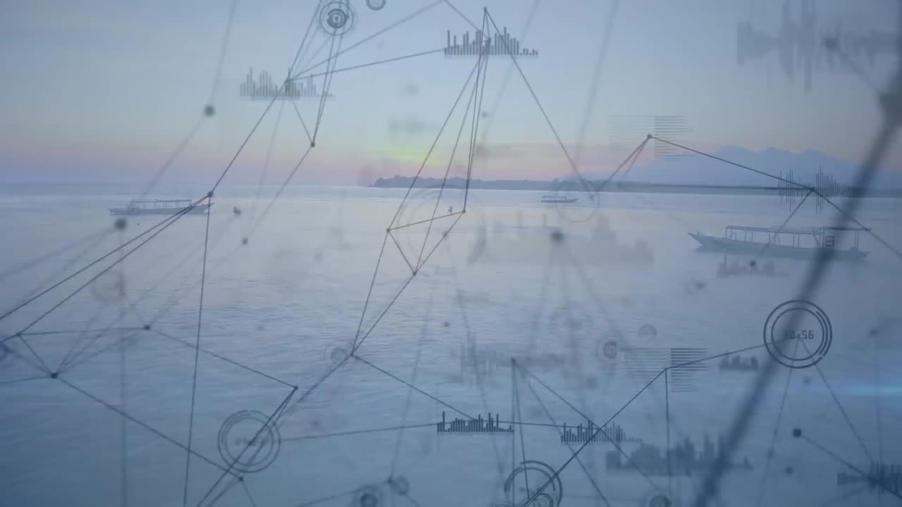 Анимация сети связей с записью статистики на фоне морского пейзажа