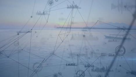 Animation-of-network-of-connections-with-statistics-recording-over-seascape-in-background