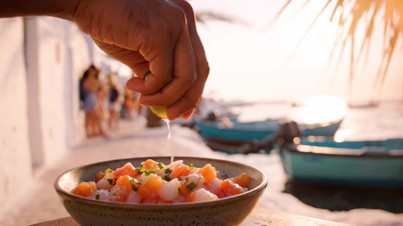 Banquete de Verão Vibrante: Preparando um Prato Delicioso Perto da Costa, com Barcos e Palmeiras ao Fundo, Capturando Criatividade Culinária e Alegria.