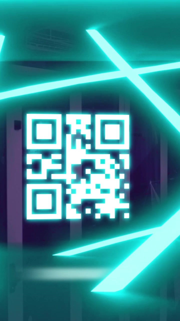 Animation of qr code flashing with neon green lights over computer servers