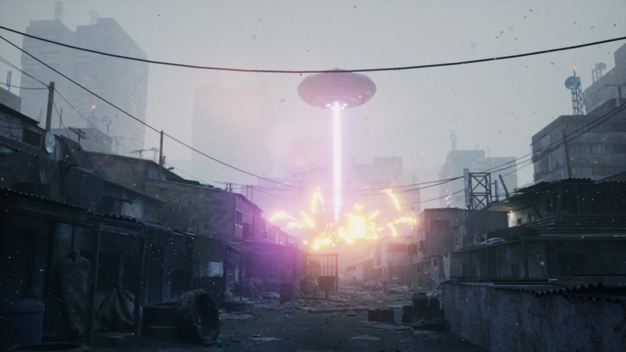 A flying saucer has caused an apocalypse for the inhabitants of a planet. Alien invaders from outer space attacked the city. The looped animation is perfect for apocalyptic, sci-fi, space backgrounds.