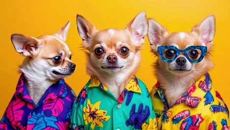 three chihuahuas wearing colorful shirts and sunglasses on a yellow background