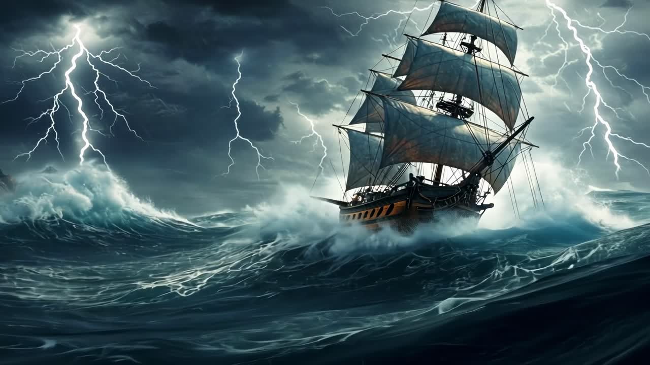 Stormy seas with a sailing ship battling fierce waves and lightning at ...