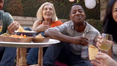 grupo de amigos maduros disfrutando de un picnic en el patio trasero juntos