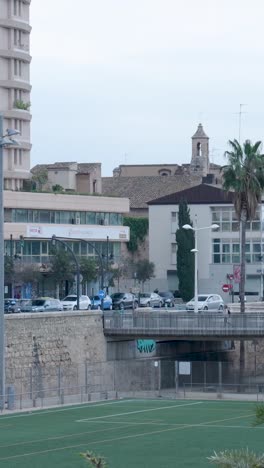 cityscape view with bridge and soccer field