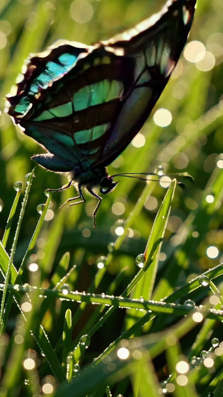 Bella farfalla sull'erba rugiadosa