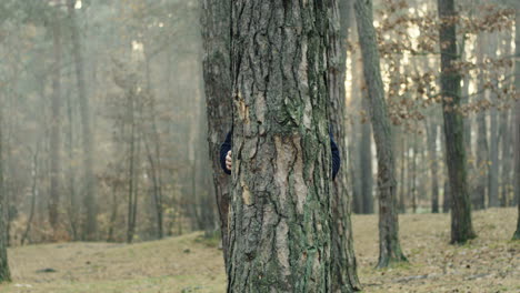 Portrait-shot-of-Caucasian-handsome-dad-and-his-cute-little-boy-looking-at-camera-behind-a-tree-trunk-in-the-forest