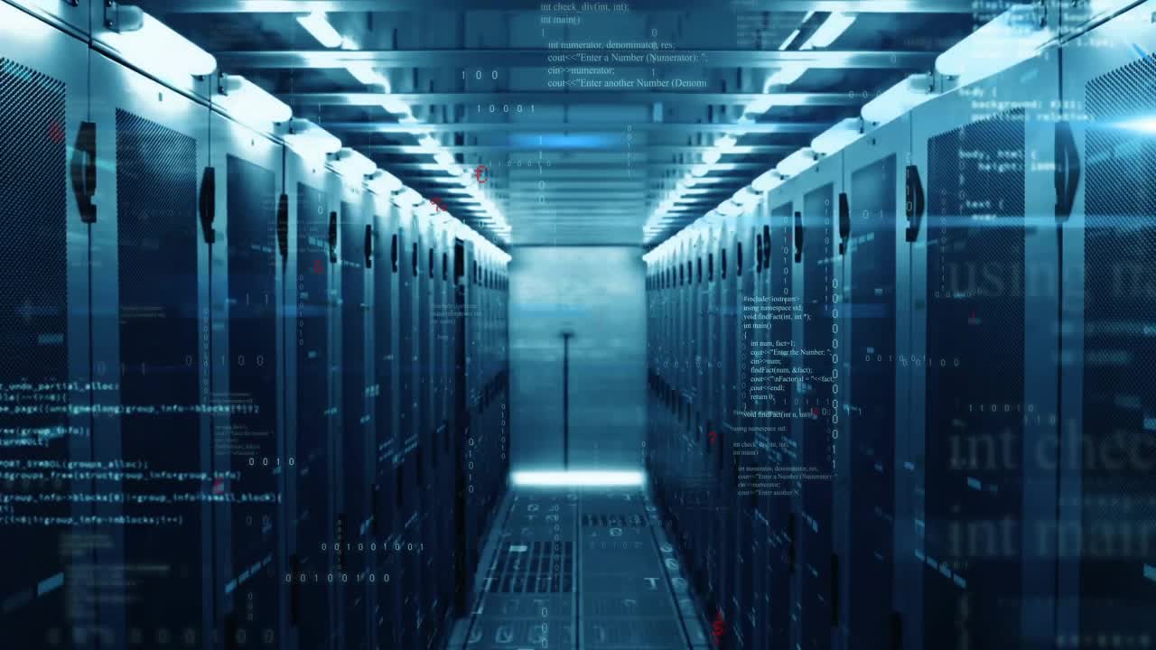 Code streams materializing in server corridor pulsing with red highlights fading to visualize flow