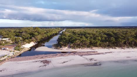 Aerial-View-Over-Beach-Looking-Towards-River-Outlet,-Busselton-Western-Australia