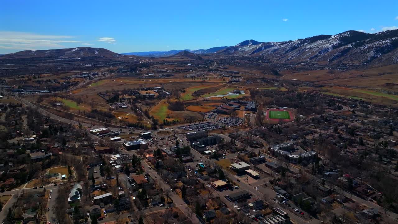 Snowy Lookout Mountain Morrison Golden High School Colorado aerial drone Colorado Fossil Trace Golf Club Jefferson County historic downtown winter sunny morning afternoon blue sky homes forward pan up