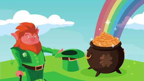 happy saint patricks day animation with leprechaun character and rainbow in treasure cauldron