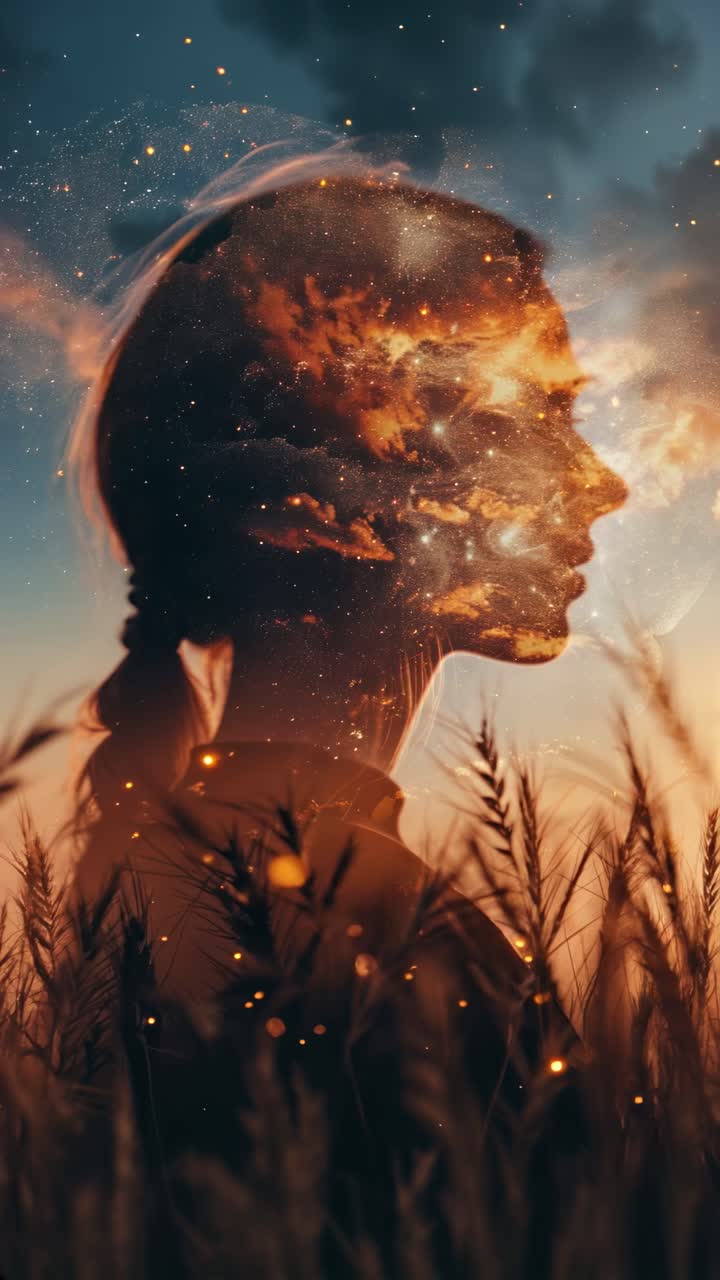 Double exposure video concept with a side profile of a woman and cosmic elements