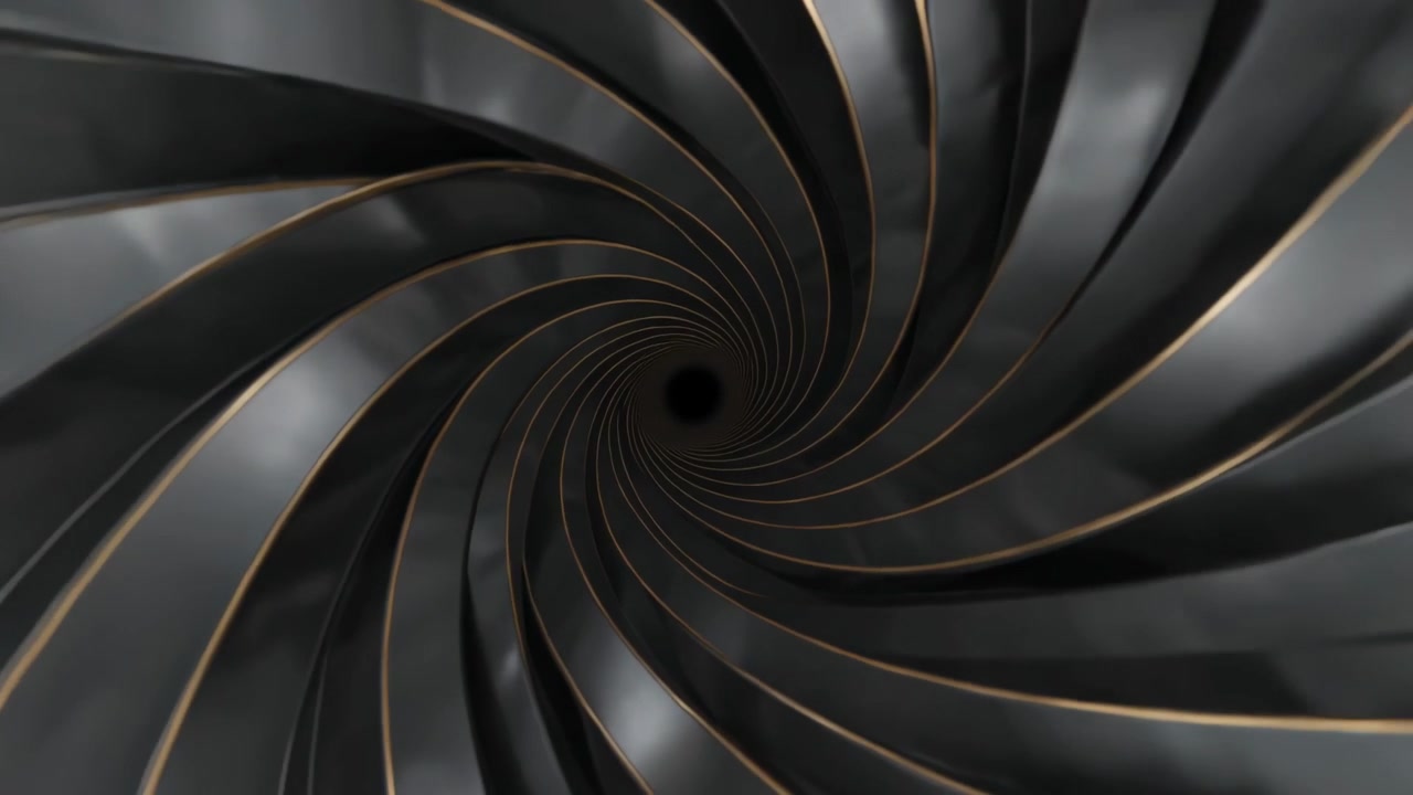 Una spirale metallica inizia a ruotare in studio, attirando lo sguardo in un vuoto nero, con bordi dorati e bagliori.