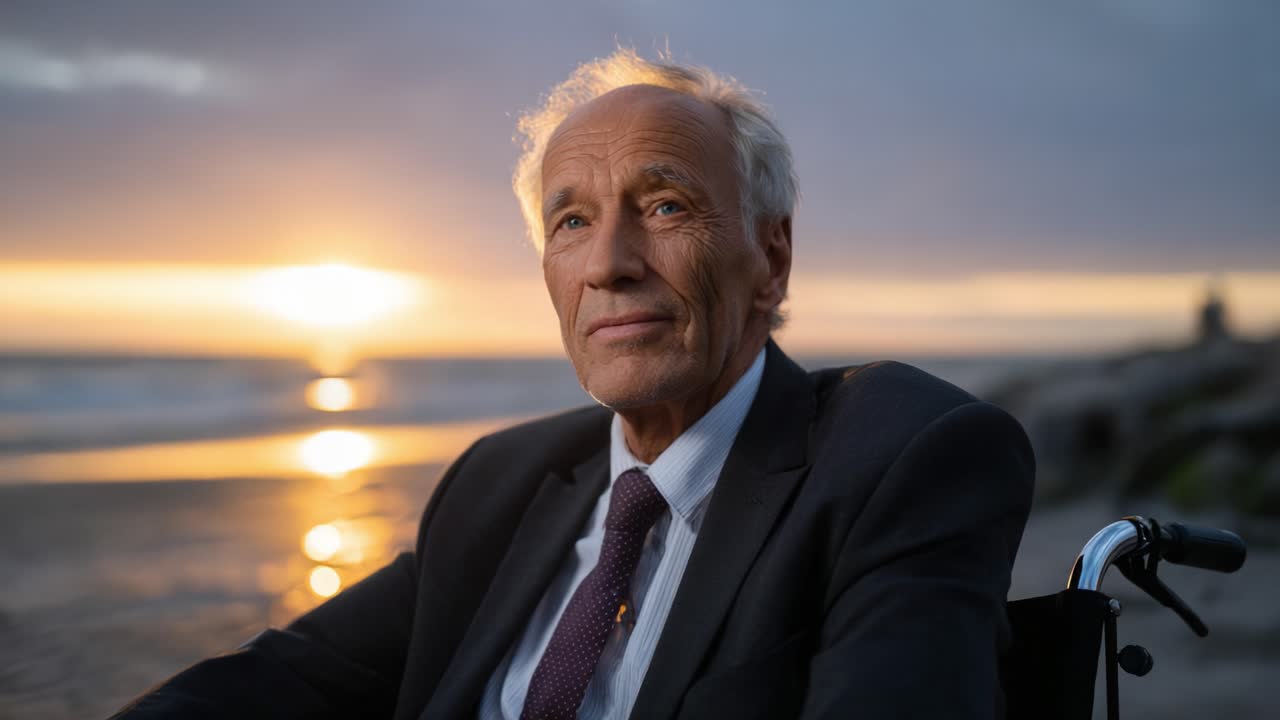 Uomo maturo in giacca e cravatta riflette al tramonto sulla spiaggia, suscitando emozioni e ricordi profondi mentre è seduto su una sedia a rotelle, circondato dalla bellezza naturale