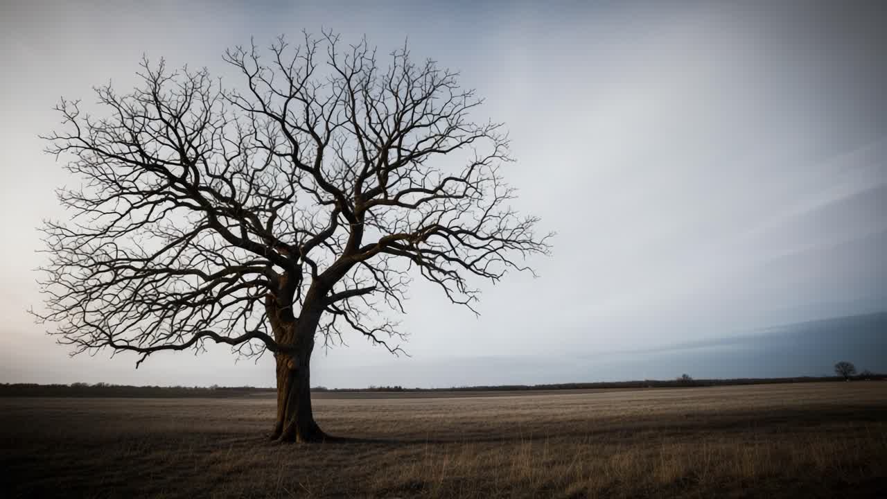 A Solemn Journey Through Time: The Transformation of a Lone Tree Amidst Changing Light from Dawn to Dusk in a Serene Landscape
