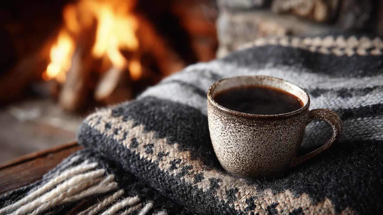 En hyggelig scene med en varm kop kaffe på et blødt tæppe ved en lysende pejs – perfekt til afslapning og komfort i køligt vejr