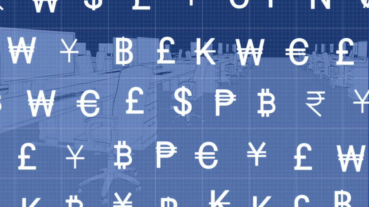 빈 사무실에 대한 그리드 네트워크를 통해 여러 통화 기호의 애니메이션