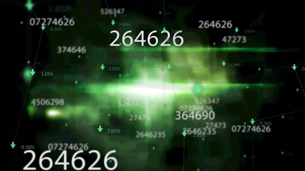 Digital animation of multiple changing numbers against green spot of light on black background