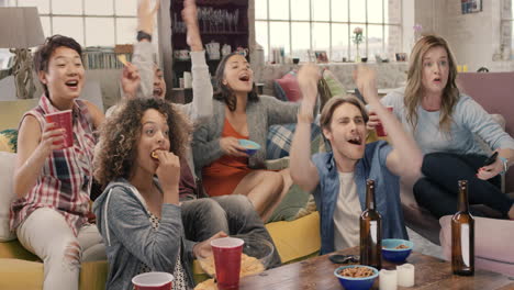 diverse group of student friends arms raised celebrating goal watching sports event on tv together eating snacks  drinking beer