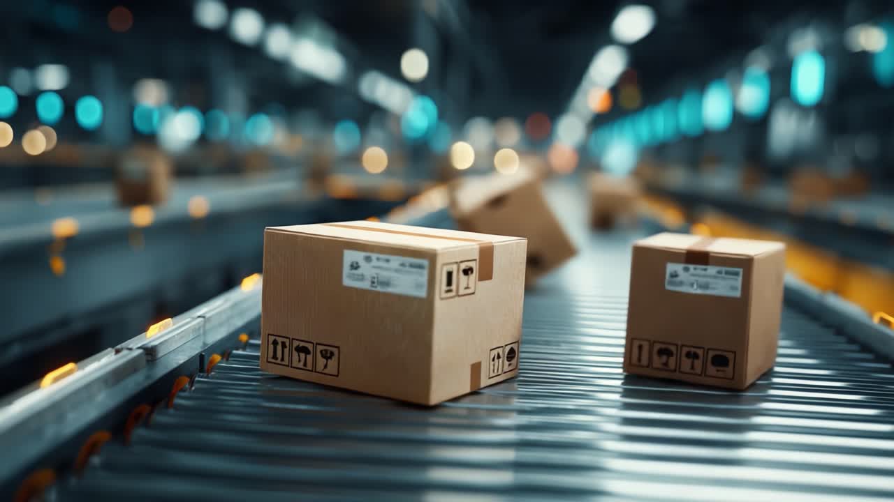 Wydajny Zautomatyzowany System Sortujący w Działaniu: Zbliżenie paczek na taśmociągu w nowoczesnym centrum logistycznym.