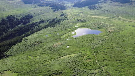 Aerial-Drone-Shot-of-a-Lake-at-Mount-Bierstadt,-Colorado