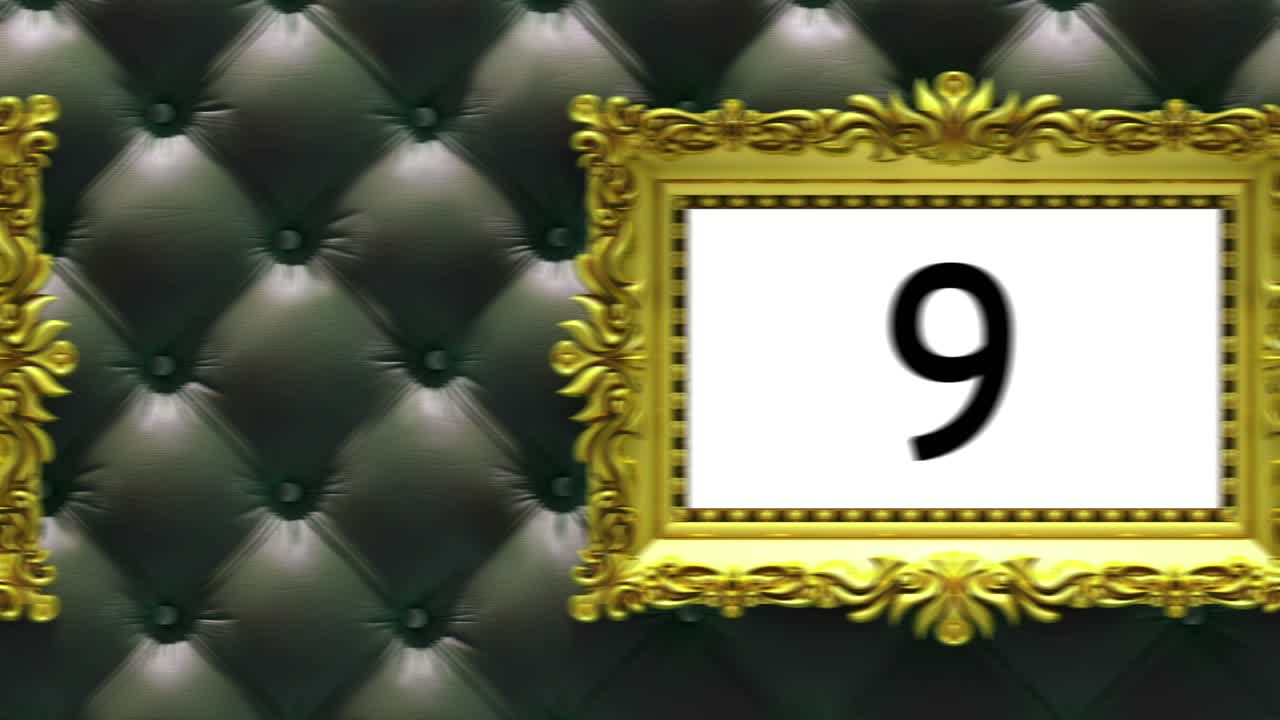 럭셔리 블랙 아폴스터리 배경에 금색 그림 프레임으로 카운트다운: 히트 퍼레이드 모형, 차트, 3d 애니메이션, 그린 스크린